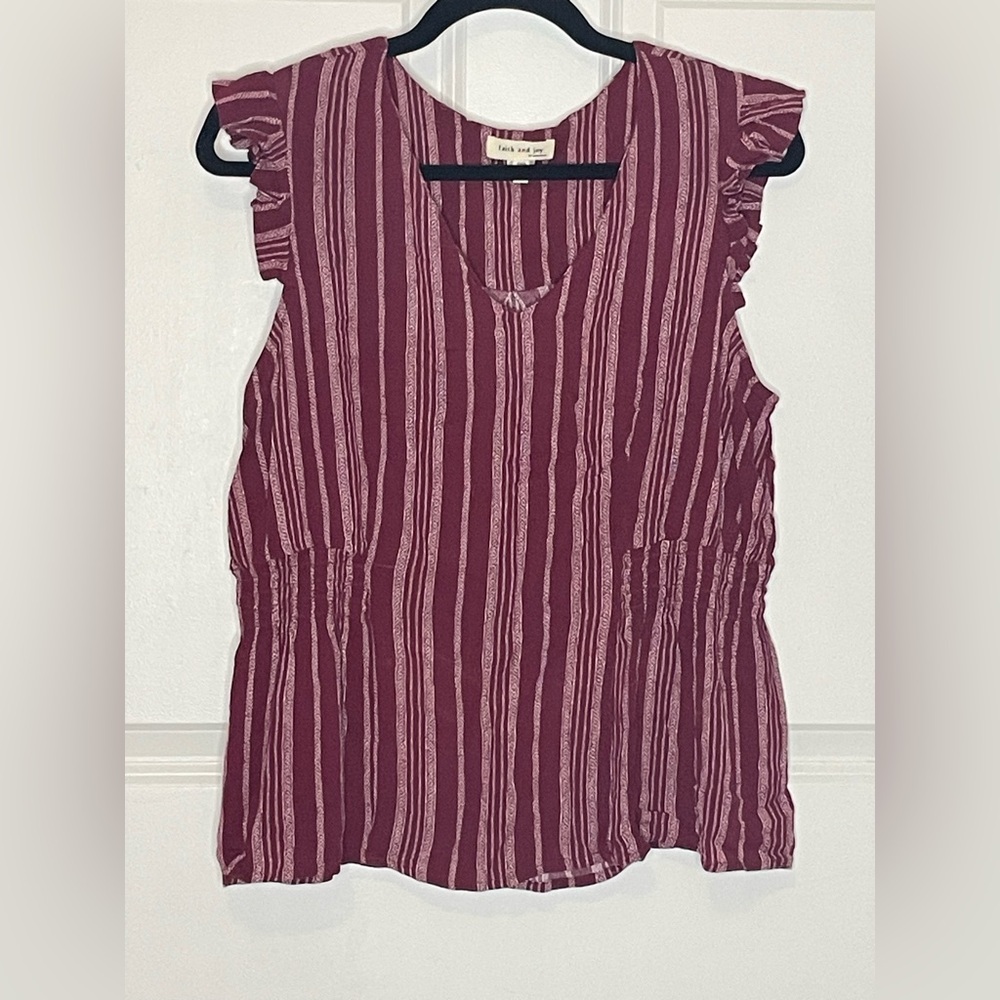 Faith and Joy Monteau Burgundy Stripe Peplum Blouse XL Ruffle Sleeve Boho
